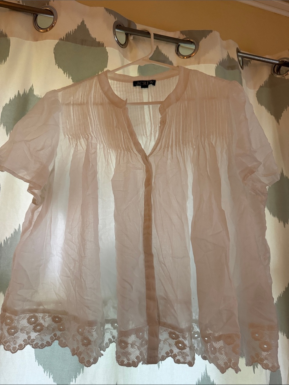 J. Crew Pale Pink Pintuck Button-Front Blouse with Lace Hem